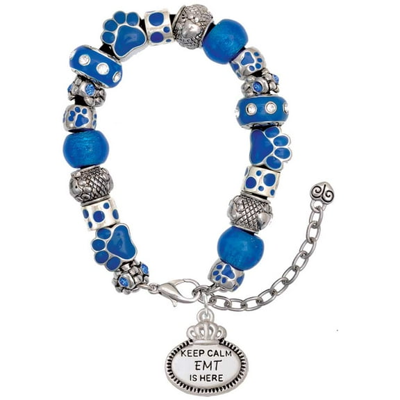 Delight Jewelry Silvertone Keep Calm EMT is Here Blue Paw Print Bead Bracelet, 7" 2"