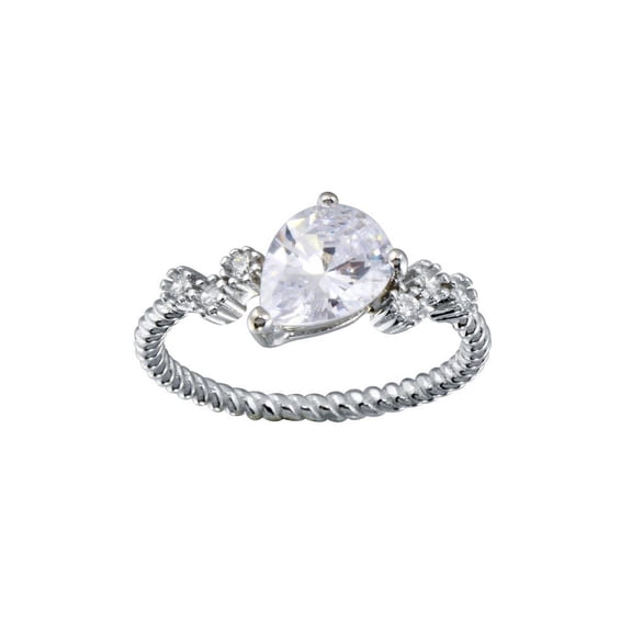 Rhodium Plated 925 Sterling Silver Angled Teardrop Shank Ring Band White CZ Female Size 8