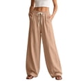 thumbnail image 2 of Maqroz Linen Pants for Women Drawstring Elastic Waist Wide Leg Trousers Casual Baggy Lounge Slacks Summer Holiday Beach Vacation Wear, 2 of 8