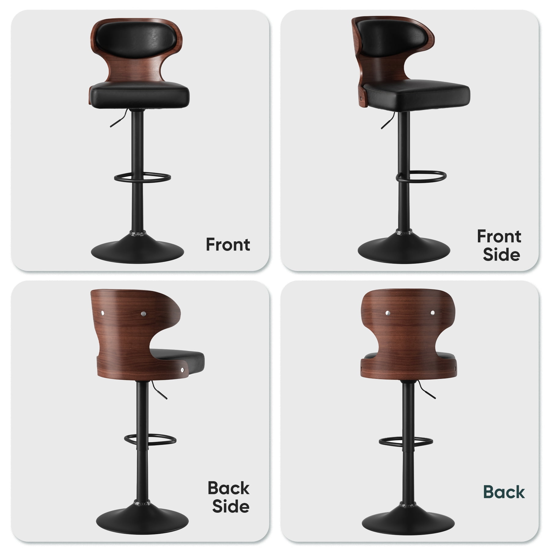 Hawsaiy Bar Stools Set of 1, Adjustable Height 24.5"-33.5", Bentwood Swivel Barstools with Back & Footrest, PU Leather Upholstered Bar Chairs for Kitchen Island, Dining Room, Home Bar