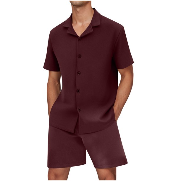 Mens Botón Abajo Camisa de Manga Corta Arrugas Libres Casual Deportes Cardigan Set, Color Sólido Cuello de Verano Camisa Y Pantalones Cortos