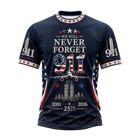EANJE 9/11 25 Years Anniversary Shirts for Men Crew Neck Never Forget 2001-2026 American Flag Graphic Tees Patriotic T Shirts Gray M