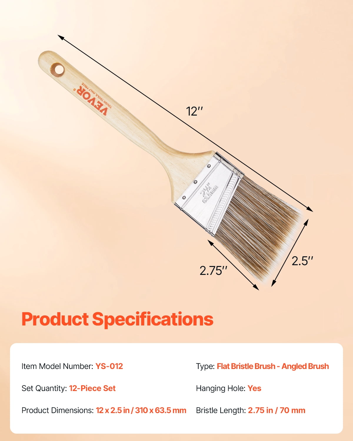 VEVOR Paint Brushes, 12 Piece Angle Paint Brush, Treated Wood Handle, Paint Brush Set for All Latex and Oil Paints & Stains, Wood Stain Brushes for Cabinets, Walls, Fences, Interior & Exterior Use
