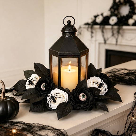 Fall Halloween Decoration for Home Indoor Outdoor Clearance Under $5.00!Halloween Rose Candle Wreath Black Artificial Rose Leaf Wreath Decorative Circles Decorative Accessories Tabletop Decorations