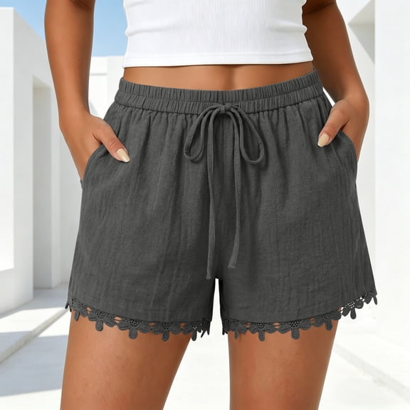 Linen Cotton Beach Shorts For Women Summer Lace Trim Drawstring Pocket Beach Daily Wear Weekend Trip Resort Casual Outfit Comfort Focused Design Modern Casual Wardrobe Gray XXL