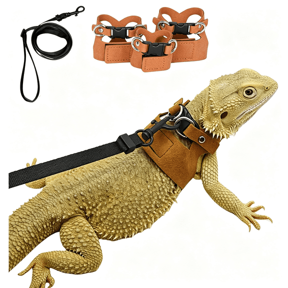 GASTROPOD 3 Pack Bearded Dragon Harness and Leash Set - Adjustable Soft Leather Lizard Harness Leash Small Animal Traction Rope Training Walking Vest Accessories for Reptile Squirrel Rat (Brown)