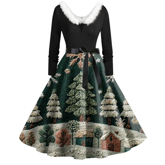 Women's Fashion Round Neck Casual Slim Christmas Printed Long Sleeve Dresses, V-Neck, Plush Christmas Tree Print, Audrey Dress, Retro Style, Party Wear,Army Green,5XL