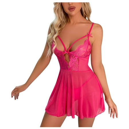 

EHTMSAK Nightgown Lingerie for Women Sexy Lace Deep V Neck Chemise Teddy Strappy Babydoll Hot Pink XL