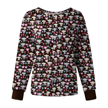 

TAIAOJING Scrubs for Women Workwear Multicolor Prints O Neck Long Sleeve Pockets Loose Tops Shirt