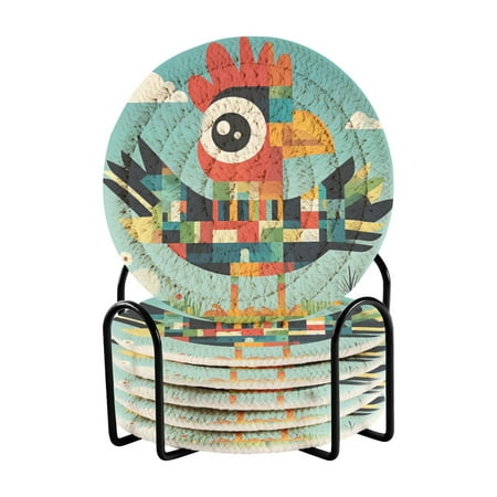 

6-Pack Coiled Coasters Set with Storage Rack Heat-Resistant for Home Office or Gift Cartoon Rooster (3.94in Diameter)