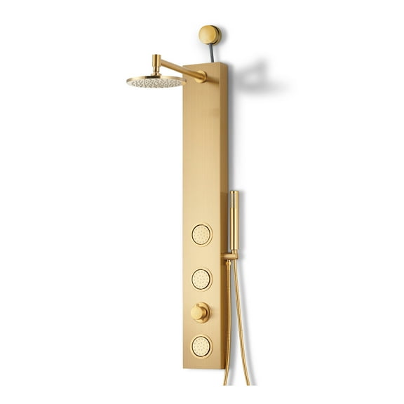 Beverly Series 43 in. 3-Jetted Shower Panel Tower in Gold with Heavy Rain Showerhead, Spray Wand and DIY Friendly Design