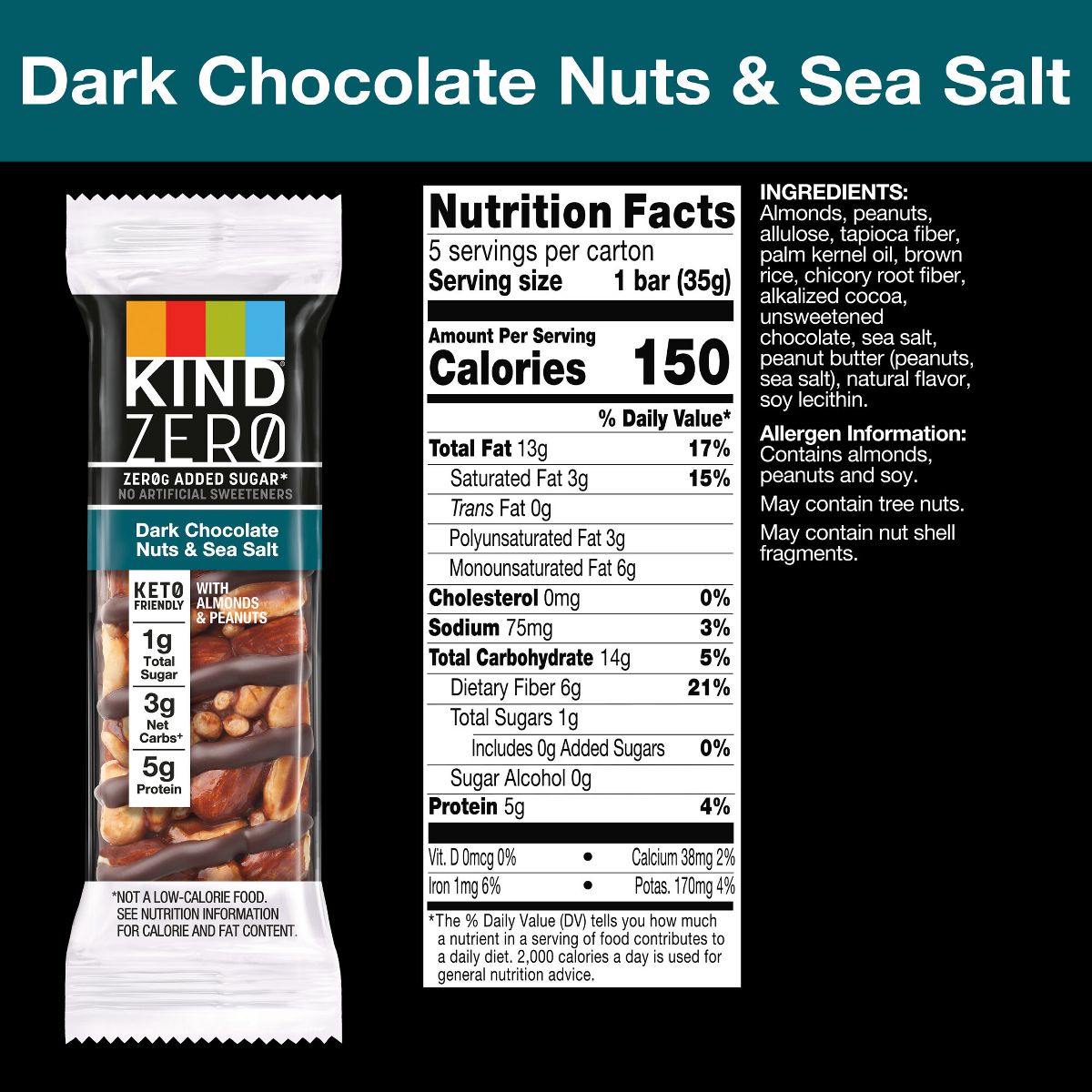 2x-KIND Zero Dark Chocolate Nuts & Sea Salt Bars - 6.2oz/5ct