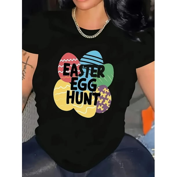Women's Easter Egg Hunt Graphic Tee - Casual Round Neck, Short Sleeve, Stretchy Polyester-Spandex Blend, Machine Washable, Colorful Print, Perfect for Spring/Summer Tee For Adult, Men, Women, Teen, T