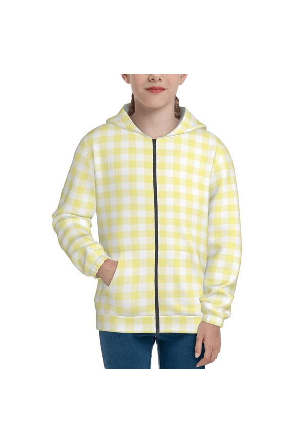 Lemon Yellow Checkboard Teenage Zipper Hoodie, Long Sleeve Zip Up Hoodies Casual Jackets Tops for 7-12 Years-Medium