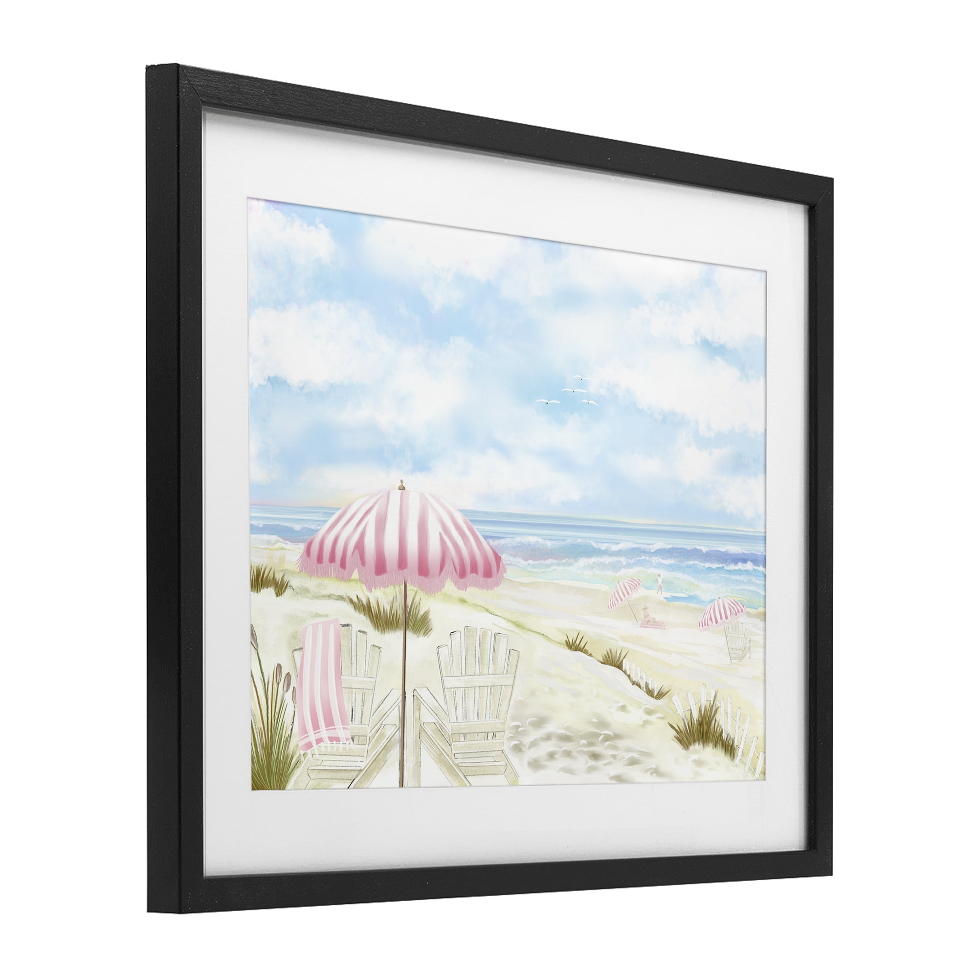 Seascape with Pink Umbrella Black Framed Print Under Glass, design by Lori Mosley
