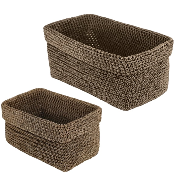 2 Pcs Brown Woven Rope Storage Basket Set, Bohemian Style Crochet Knitting Supplies Organizer, Decorative Cotton Storage Basket with Open Design, Large and Small Baskets