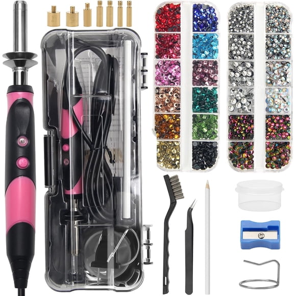 New-Upgrade Hotfix Rhinestone Applicator Tool, Rapid-Heating Hotfix Rhinestone Setter Bedazzler Kit with Rhinestones for Crafts, 15 Color Rhinestone/ 7 Tips/Tweezers/Pencil/Brush (Pink)
