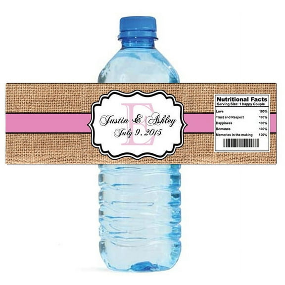 100 Burlap Pink Stripe Monogram Wedding Water Bottle Labels Great for Engagement Bridal Shower Party 7"x2"