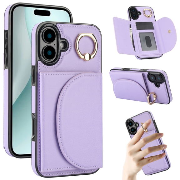 Allytechgroup Wallet Phone Case for Apple iPhone 16, Shockproof PU Leather TPU iPhone 16 Case with Card Holder & Ring Stand Protective iPhone 16 Cover, Purple