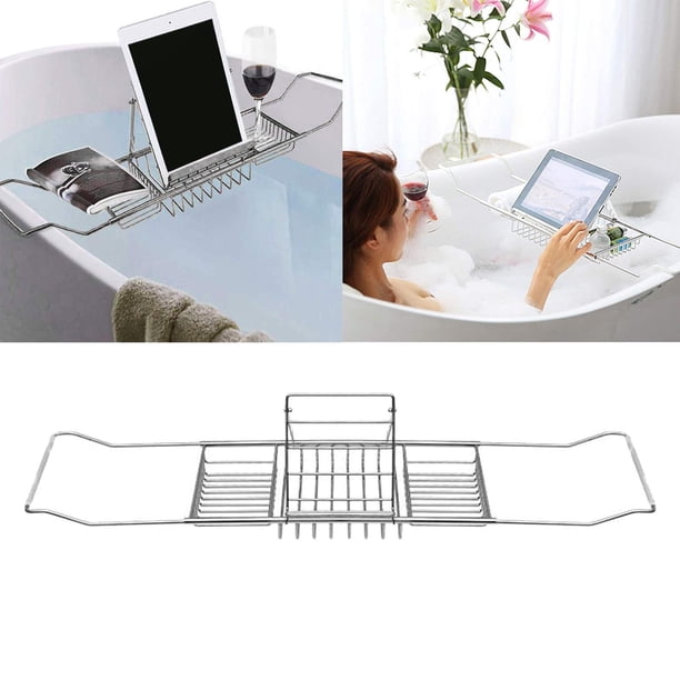 Bandeja de material acero inoxidable para bañera con capacidad para libros/tabletas/teléfono móvil/comida sobre estante telescópico para bañera para Plata BLESIY bandeja de bañera