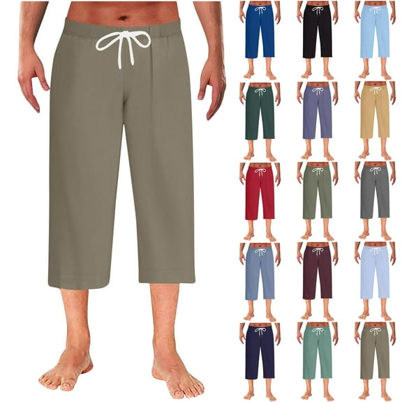 Kmdttou Capri Sweat Pants with Pockets for Mens Home Sleepwear Thin Solid Color Straight Leg Pants Casual Elastic Waist Drawstring Pocket Pants