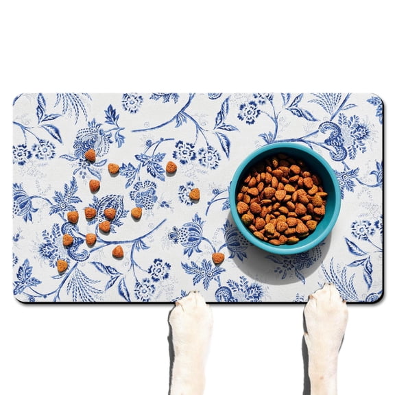 Bloom Extra Large Floral Dog Bowl Mat - Absorbent Pet Food Mat with Peony and Rose Pattern, Multi-Layer