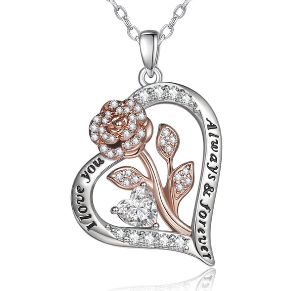 Rose Heart Necklaces for Women I Love You Always & Forever Jewelry Gift for Women Birthday Wedding Anniversary, Mother’s Day Gifts for Mom, Mother, Wife, Girlfriend with Rose Pendant Necklace