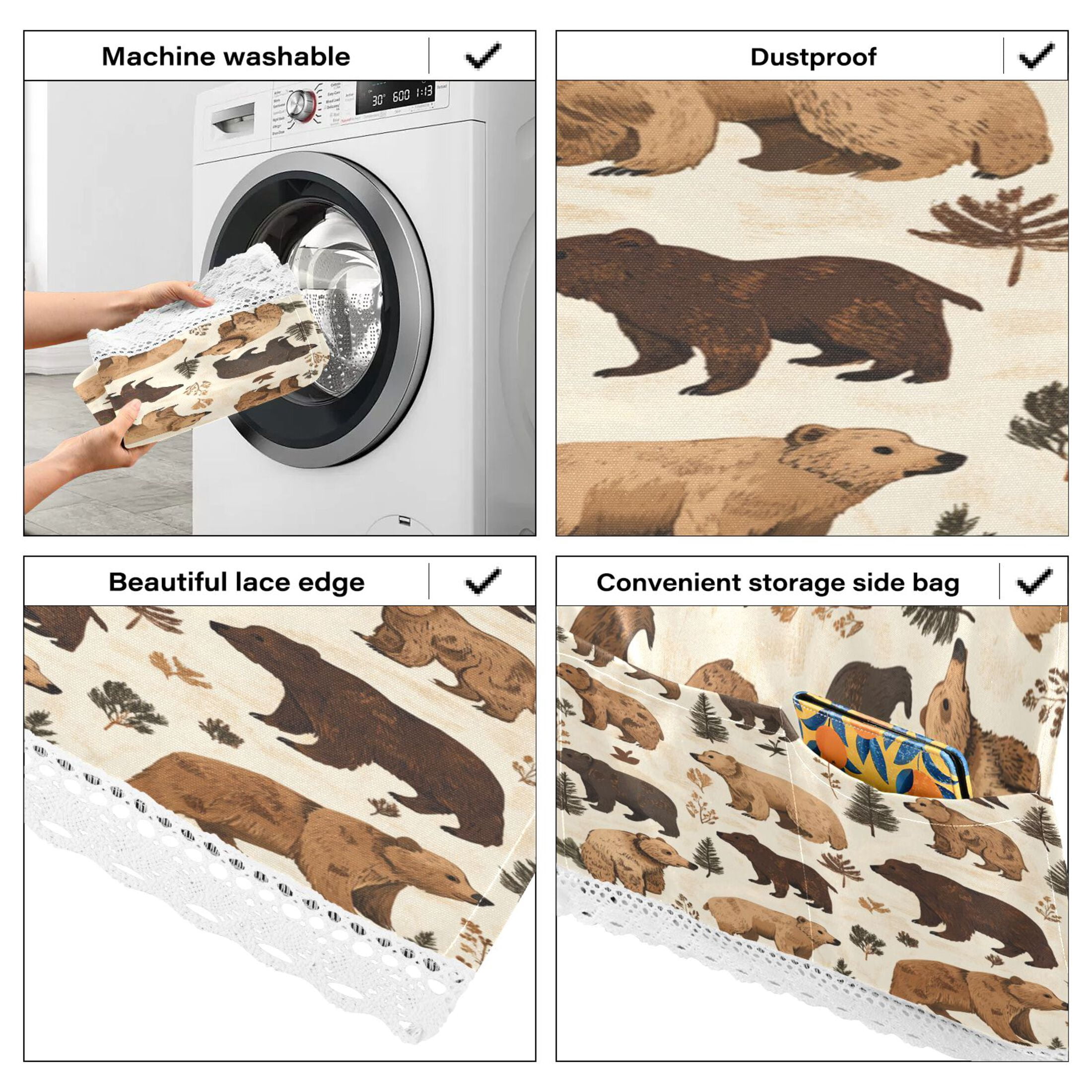 Brown BearWasher and Dryer Covers Dust-Proof and Oil Resistant Fridge Cover with 4 Storage Pockets Washing Machine Top Cover for Laundry Kitchen Home 51.2 x 22 In
