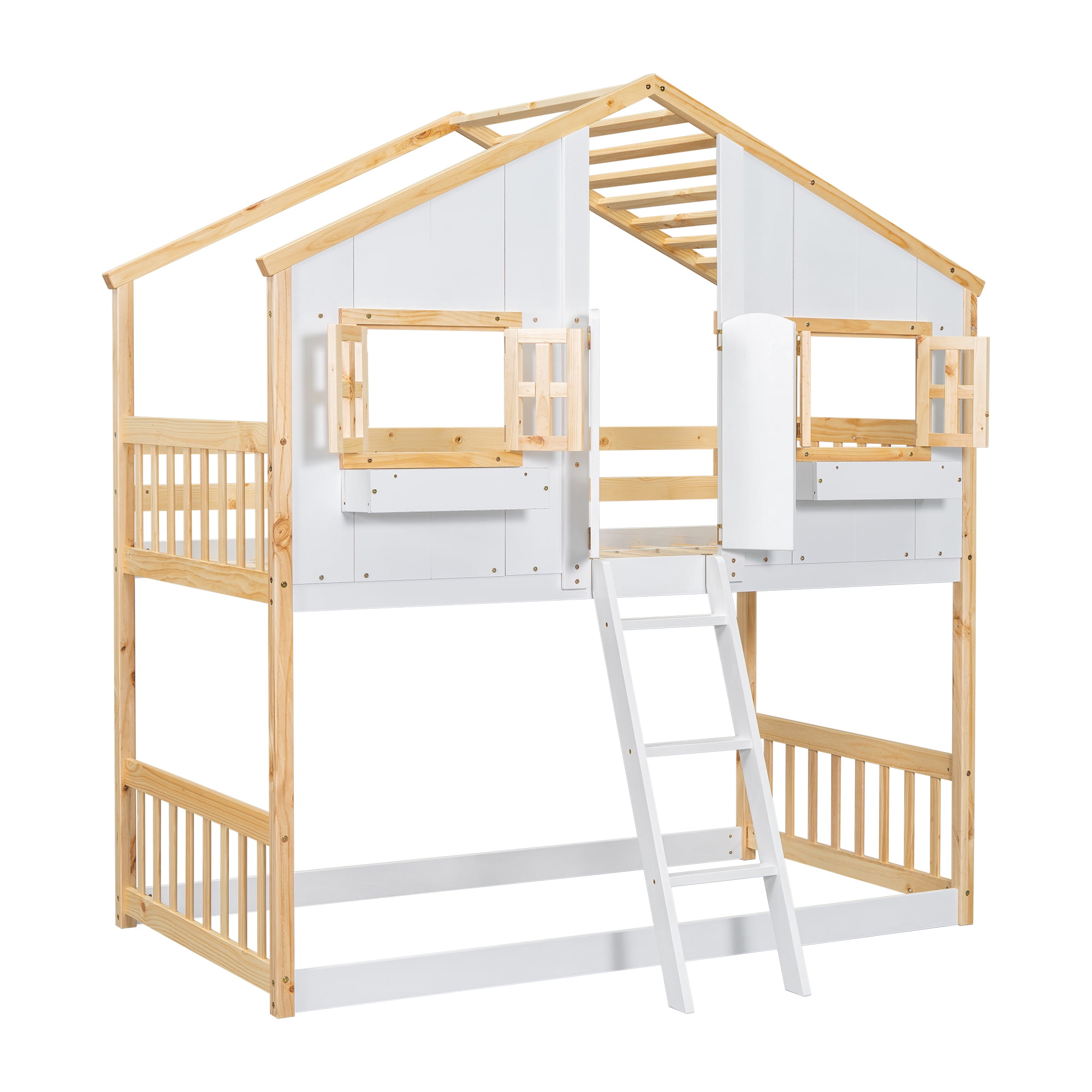 Leumius Twin over Twin Floor Bunk Bed with Ladder and Guardrails, House-Shaped-Bunk Bed with Window and Door for Boys Girls Natural+White