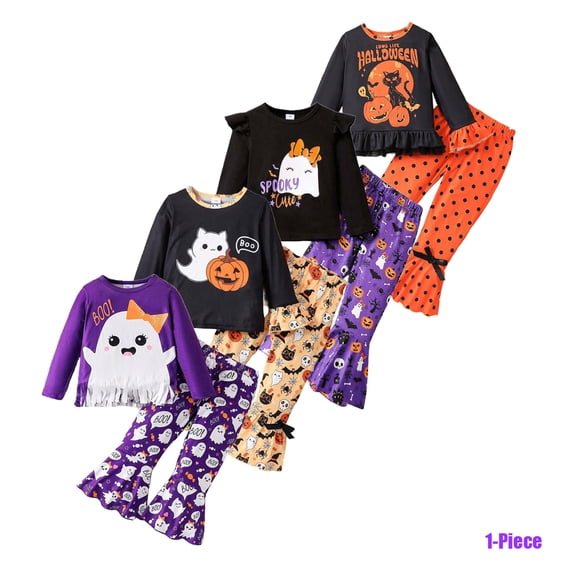 Bellafa Baby Girl Halloween Outfit Ruffle Long Sleeve Crew Neck Pumpkin Ghost Print Tops Shirt Bell Bottoms Toddler Fall Outfits-1PCS
