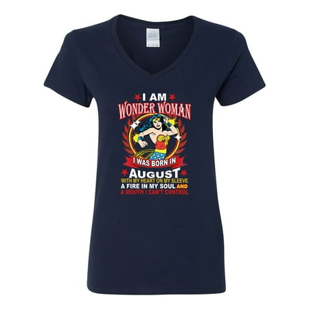 Wonder Woman Born In August Superhero  Womens V Neck T-Shirt Top