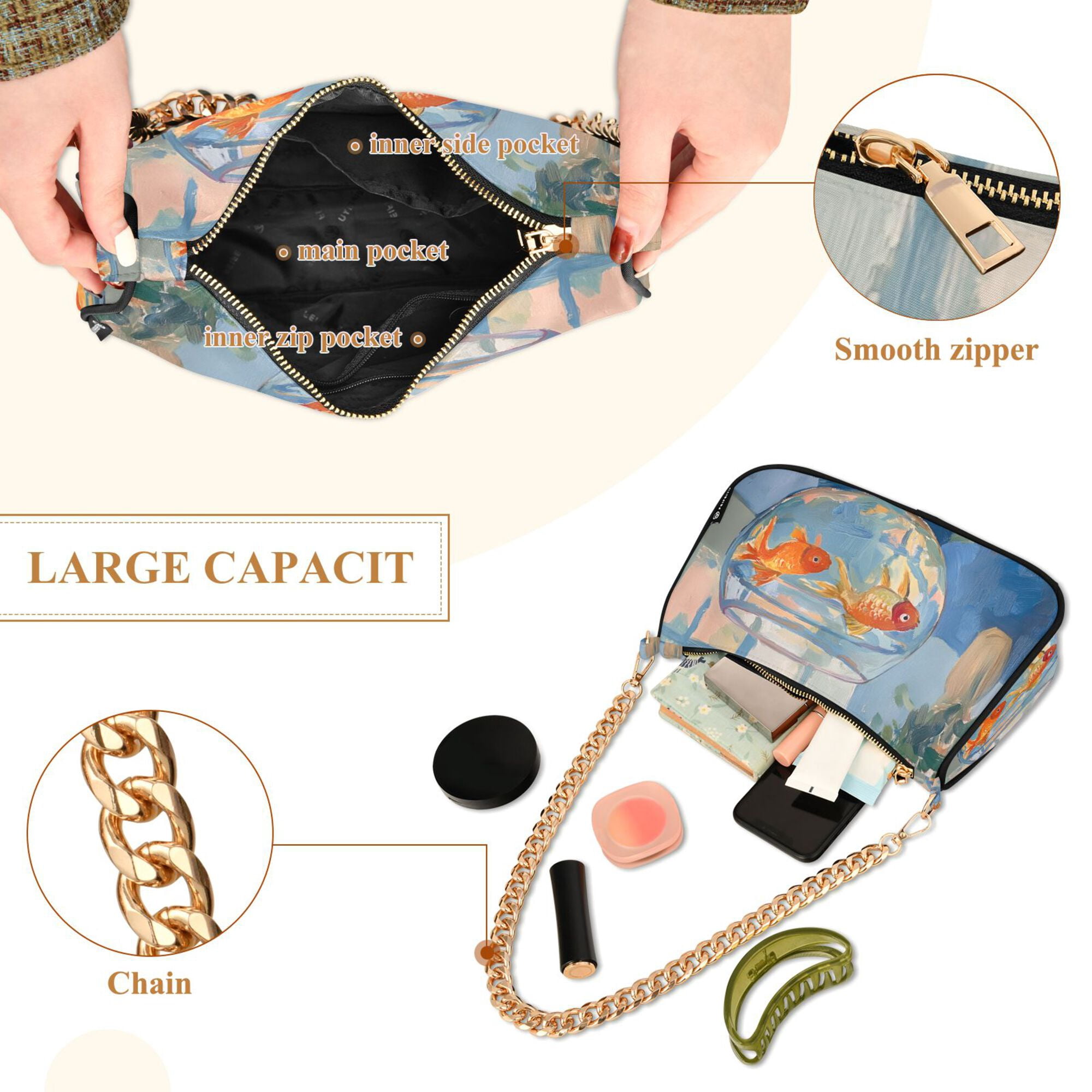 FORMRS Womens Shoulder Bag with Chain Strap Clutch Purse Cute Tote Handbag, Blue Goldfish