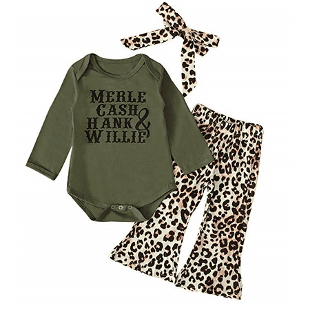 

Caitzr Baby Girls Long Sleeve Letter Print O-neck Romper Leopard Bell Bottom Pants Headband Outfits