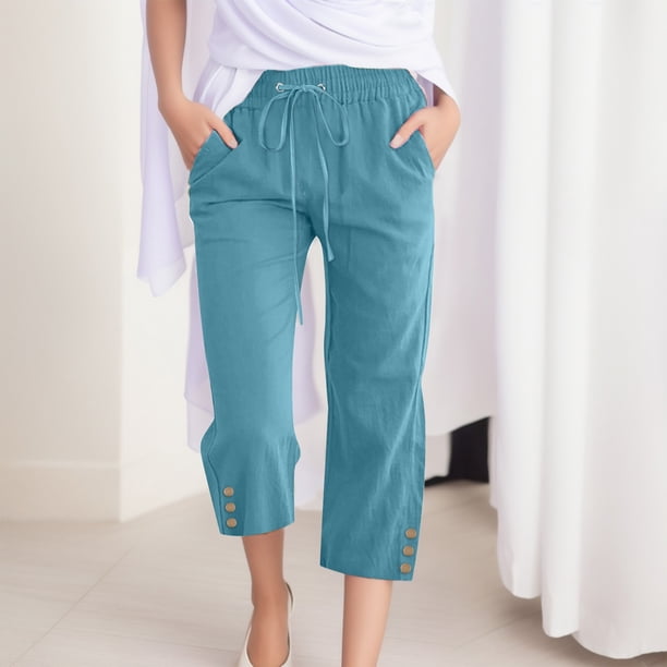 WILLBEST Pantalones Casuales para Mujer, con Botones, Pierna Ancha, Bolsillos, Ligeros, Cintura Alta, Ajustables, con Nudo, Corte Holgado. Extra Grande