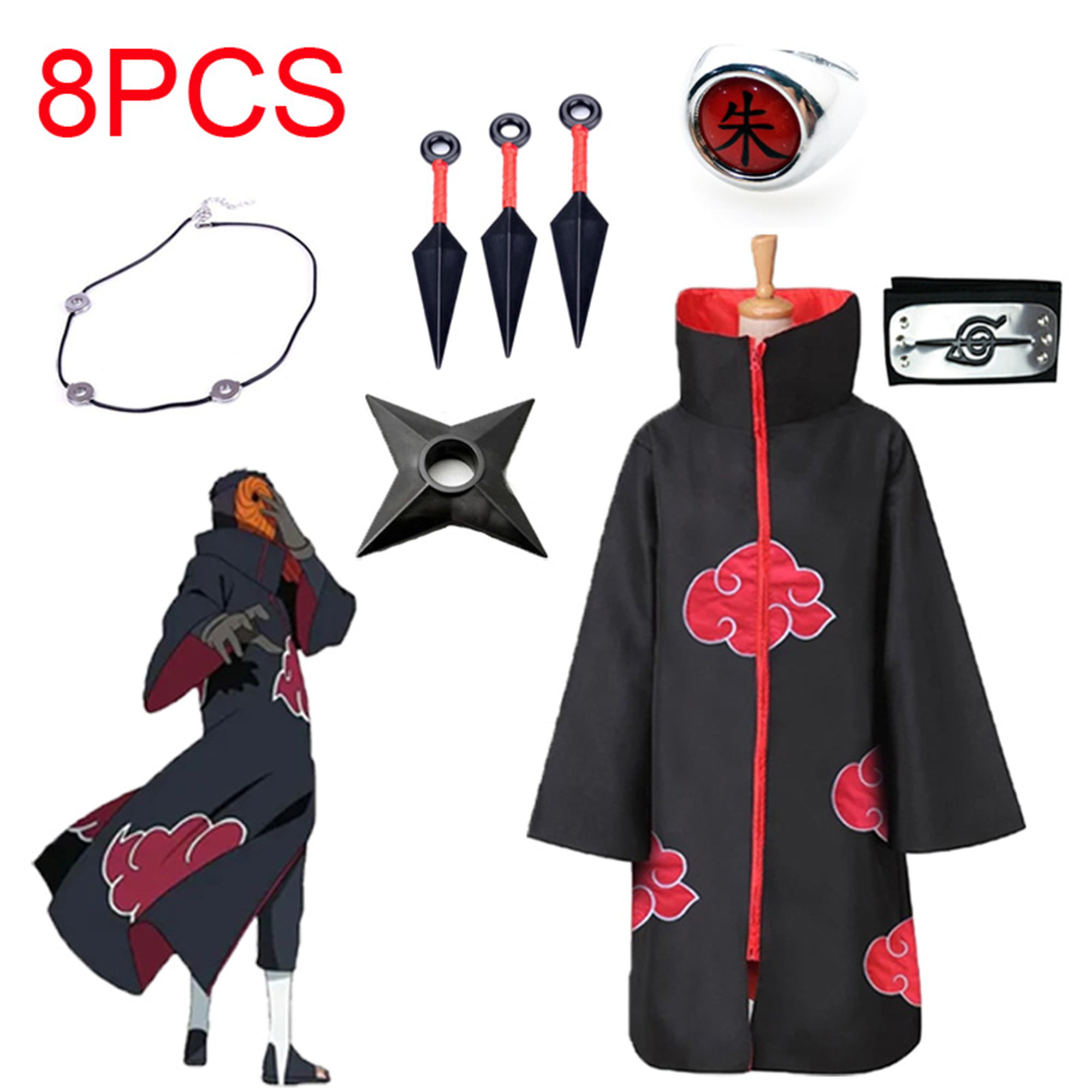 8PCS Naruto Costume Akatsuki Cloak Headband Kunai Palestine