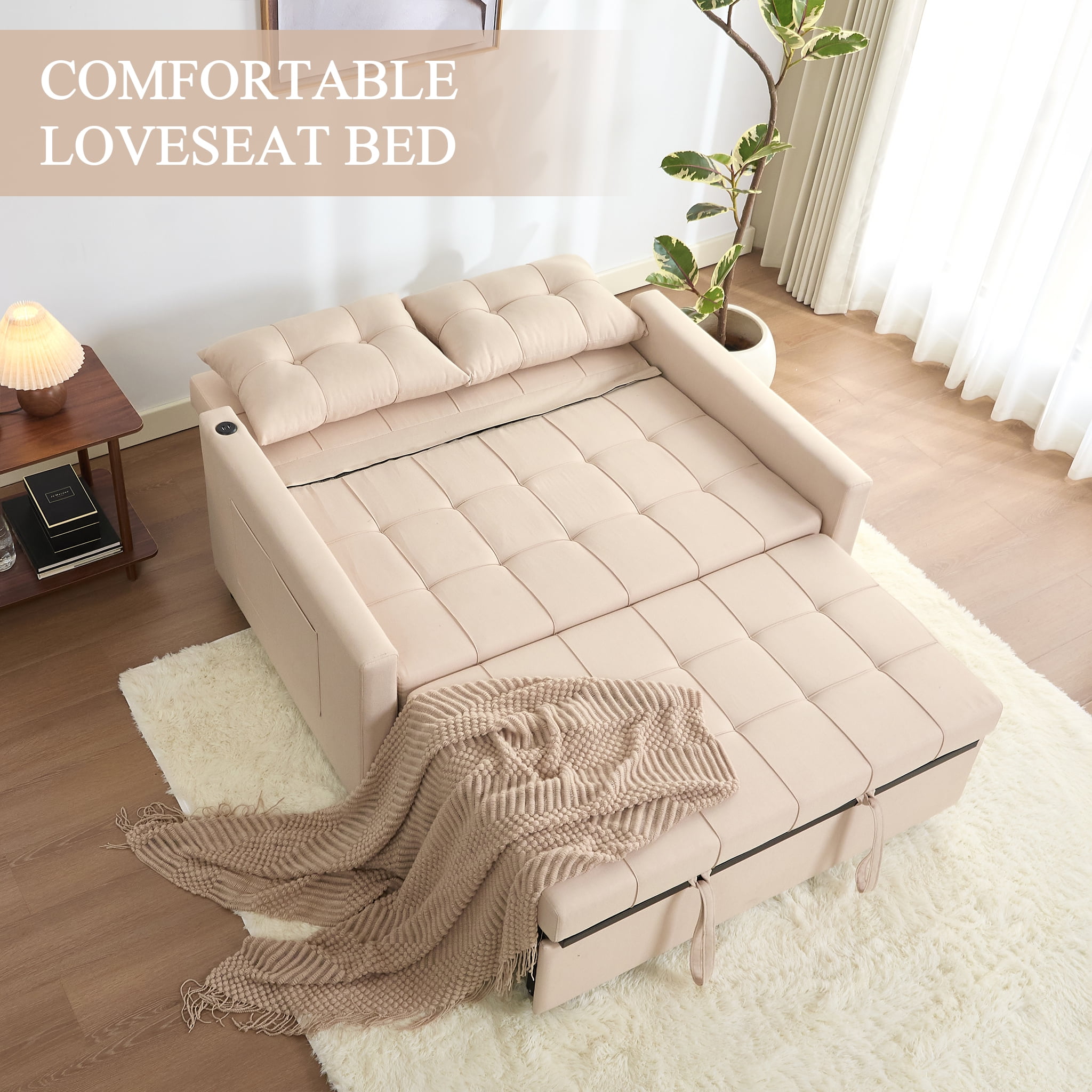 LAKPS 52" Linen 3-in-1 Convertible Sleeper Sofa with Pull-Out Bed, Stepless Adjustable Backrest & Side Pocket - for Family, Living Room, Dorm, Apartment, Linen, White