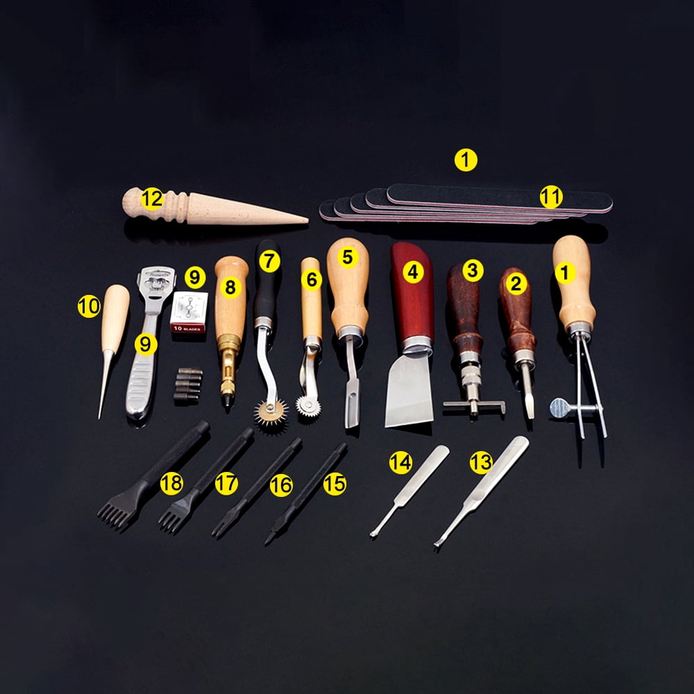 18 Pcs Tool Sewing Craft & Leather Tools Set 18 Pcs Leather Craft DIY Tool for Hand Sewing Stitching,Stamping Set and Saddle Making,Stitching Carving Working