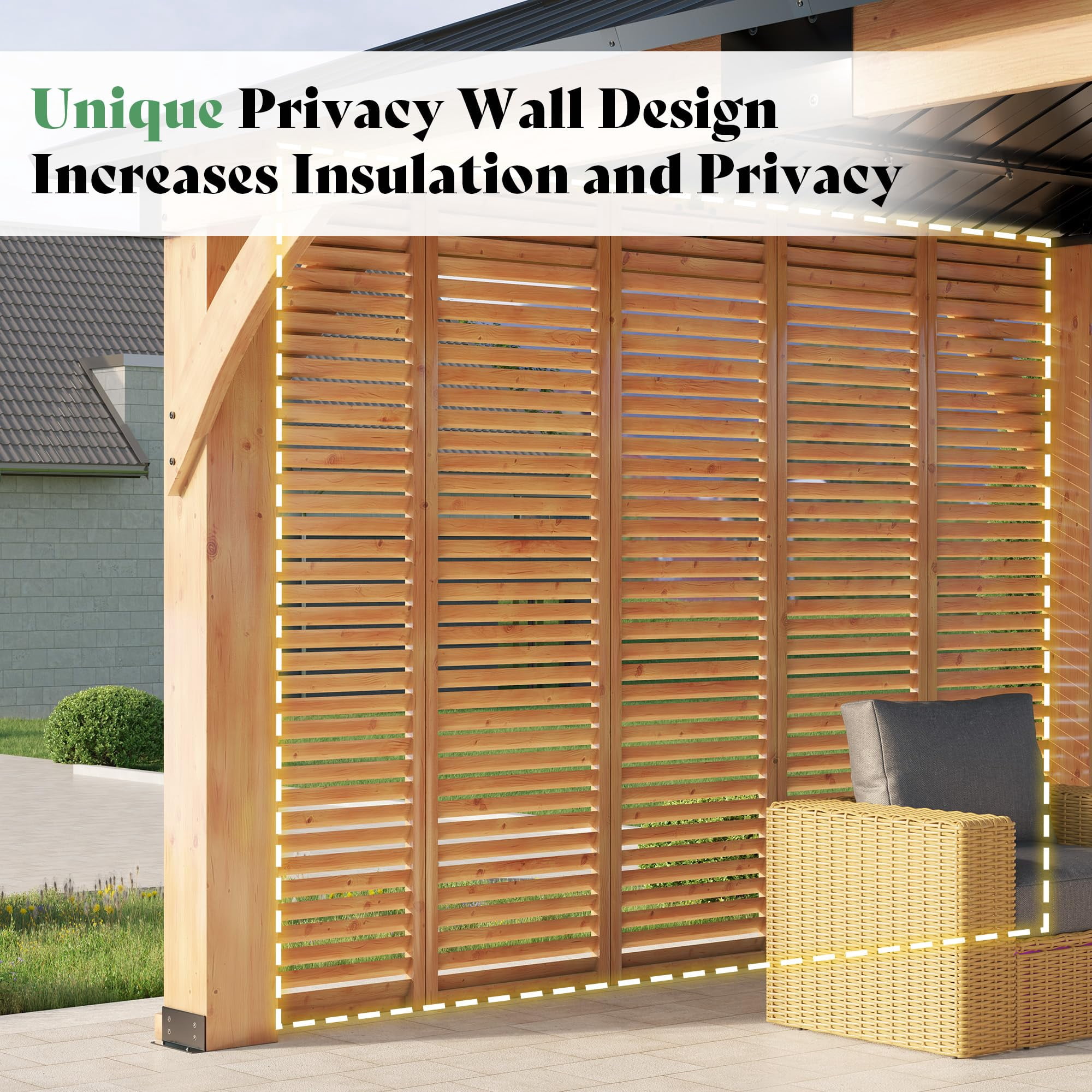 Jocisland 12' x 14' Permanent Wood Gazebo with Privacy Wall, Spruce Frame Hardtop Gazebo with Double-Tier Roof, Outdoor Pergola for Backyard & Patio