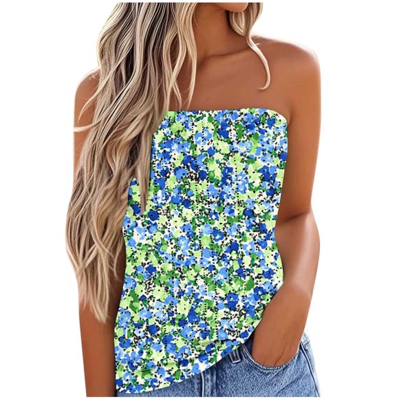 Strapless Bandeau Tank Top for Women, Sleeveless Summer Blouse with Lace-like Perforated Pattern, Soft Polyester Fabric, Regular Length, Green, Casual Wear