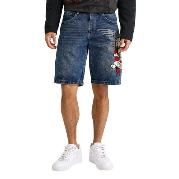 Ed Hardy Death or Glory Skull Denim Skater Short - MEHD8002-7 (Mid Blue, 32)