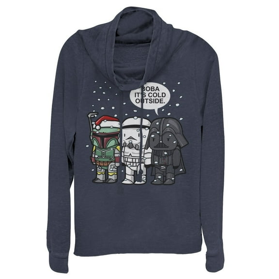 Junior's Star Wars Christmas Boba It's Cold Outside  Cowl Neck Sweatshirt Navy Blue Small