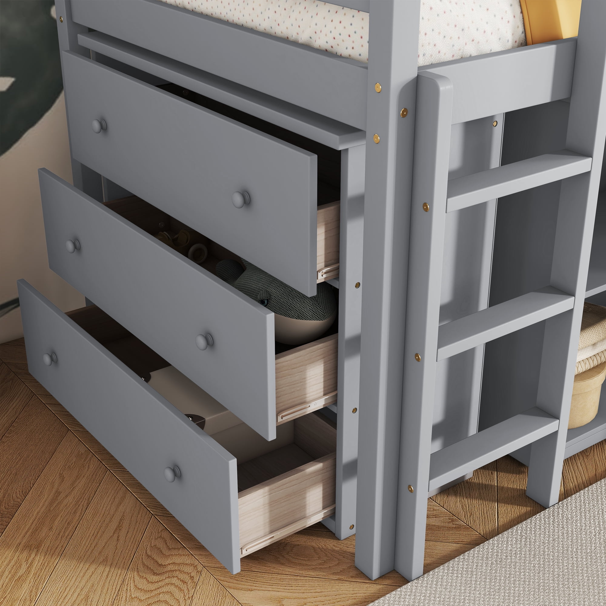 Sailvan Twin Loft Bed with Drawer Cabinet, Shelf Cabinet and Pulling Out Desk, Guardrail ,Ladder