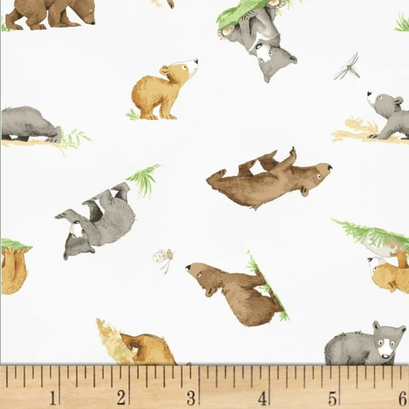 Clothworks Mist Gray Favorites Tossed Bears Fabric by The Yard
