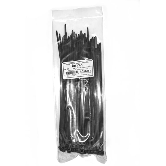 CONFAST 100 pcs 8" Black Nylon Multi-Purpose Cable Tie Heavy Duty 50lb Tensile Strength Indoor / Outdoor Use
