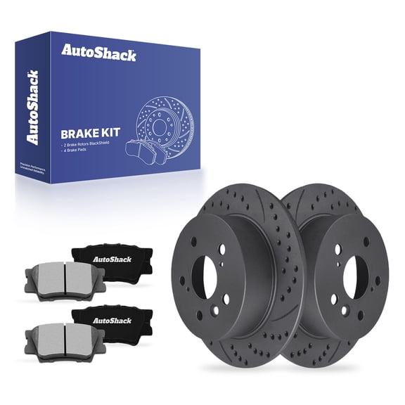 AutoShack Rear Solid Drilled & Slotted Coated Brake Rotors Black Matte Finish   Ceramic Pads 6-PC Brake Kit Replacement for 2007-2011 Toyota Camry 2007-2012 Lexus ES350 BlackShield 11.05" (280.7 mm)