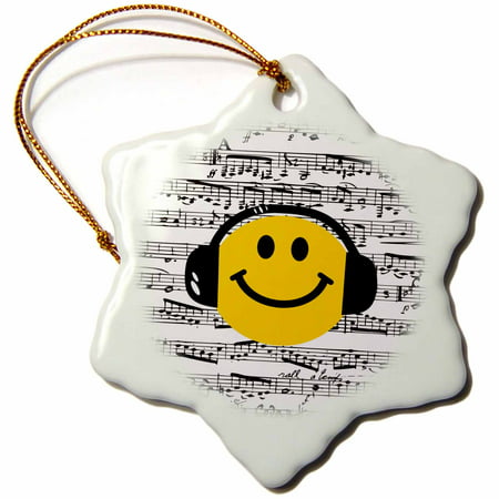 3dRose Yellow Smiley Face listening to music with headphones - musical note sheet - happy dj - deejay, Snowflake Ornament, Porcelain, 3-inch