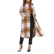 Women Pladi Long Jacket Coat with Pockets Long Sleeve Button Down Oversize Shacket Outwear