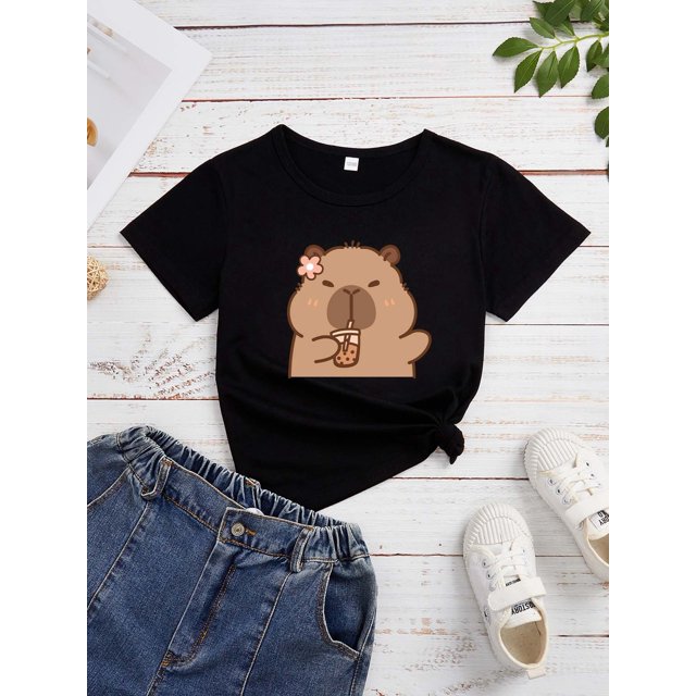 Camiseta con estampado de capibara para niña, cuello redondo, manga corta, informal, suave, para actividades al aire libre.