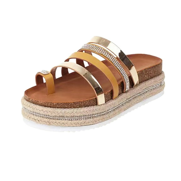 CAICJ98 Platform Sandals Ladies Fashion Solid Color Lace Thong Flat Casual Roman Sandals,Gold