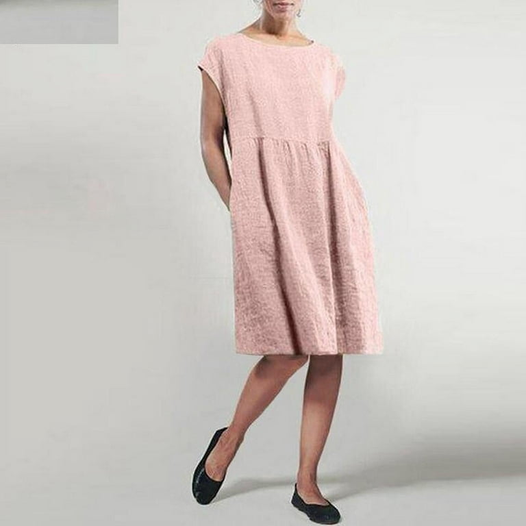 Cotton Linen Dress for Women,Summer Plus Size Long Sleeve Crew Neck Loose  Baggy Kaftan Maxi Dress with Pockets